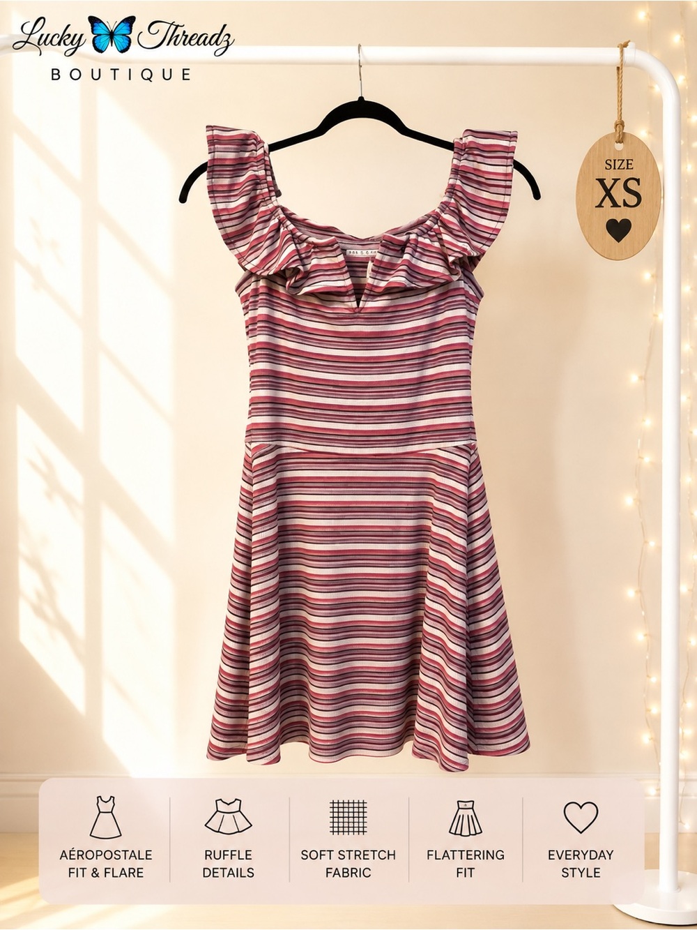 Aeropostale Mauve Striped Ruffle Fit & Flare Mini Dress XS